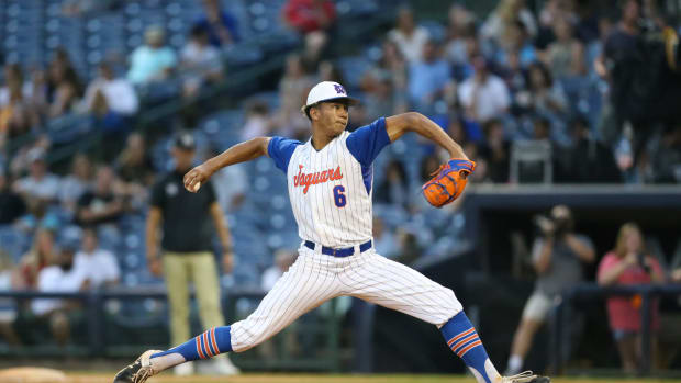 Madison Central's Braden Montgomery (6) releases a pitch. Madison Central and Northwest Rankin played in game 1 of the MHSAA Class 6A Baseball Championship on Thursday, June 4, 2021 at Trustmark Park. Photo by Keith Warren