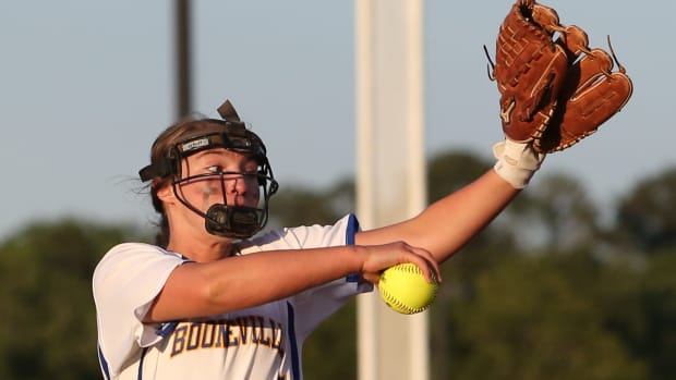 Booneville High School's Hallie Burns (24) releases a pitch. Booneville and Raleigh played in game one of the MHSAA Class 3A Baseball Championship at Mississippi State University on Wednesday, May 12, 2021. Photo by Keith Warren