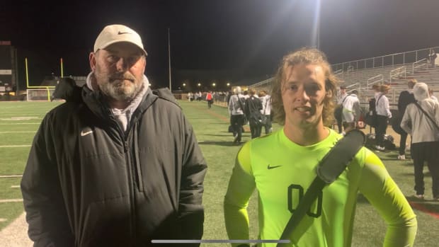Northwest Rankin coach Chris Gardner and keeper J.J. Saloni celebrated a 1-0 win over Brandon in the South State Semifinals Saturday. (Photo by Dylan Tribolet)