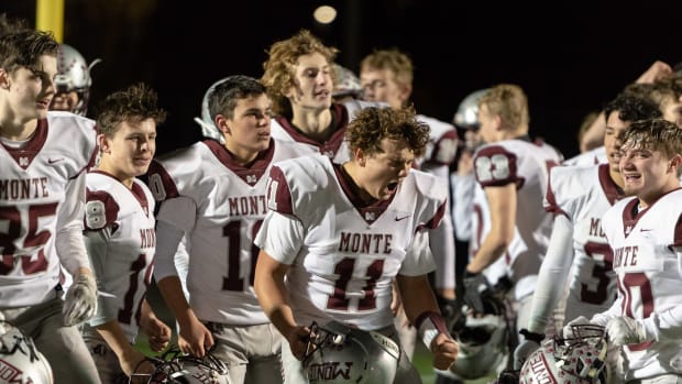 Montesano's Thomas Boyle screams in victory after a 1A Southwest District playoff game on Friday, Nov. 5, 2021, at Beaver Stadium in Woodland. Montesano won 42-20. (Joshua Hart/For ScorebookLive)