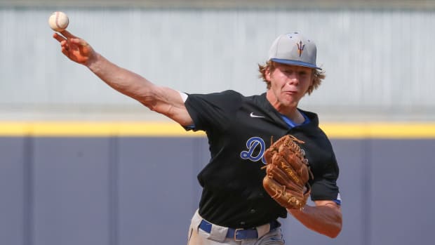 Booneville's Jackson McCoy (23) releases a pitch in the second inning. Booneville and Magee played in game 2 of the MHSAA Class 3A Baseball Championship on Thursday, June 3, 2021 at Trustmark Park. Photo by Keith Warren