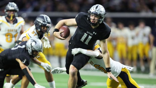 Jackson Arnold scored six touchdowns to lead Denton Guyer to a 63-42 win over Highland Park in the UIL Class 6A Division II area round playoffs on November 18, 2022.