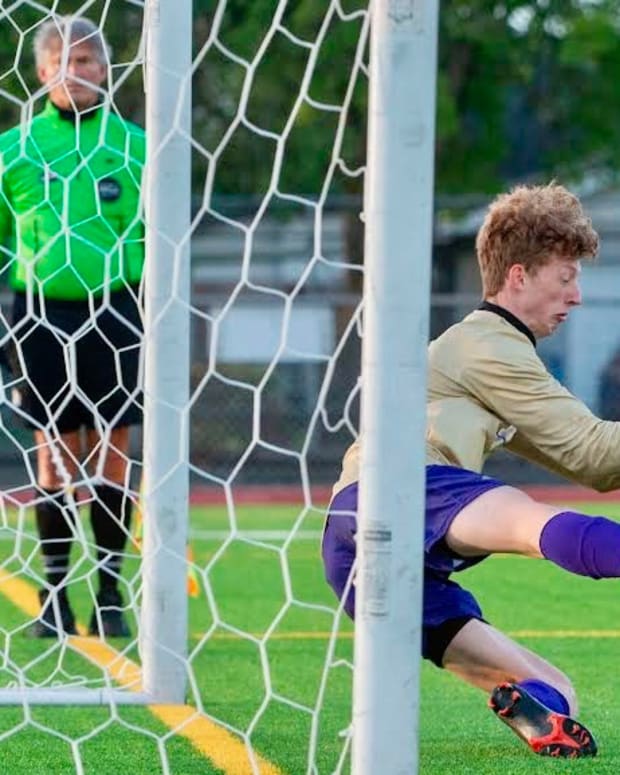 Puyallup senior goalkeeper Nathan Vitzthum makes a shootout save against Union in the Class 4A West Central/Southwest District championship match. Viks won in 16-round shootout.