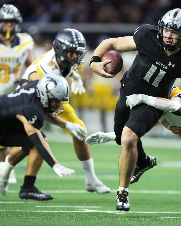 Jackson Arnold scored six touchdowns to lead Denton Guyer to a 63-42 win over Highland Park in the UIL Class 6A Division II area round playoffs on November 18, 2022.