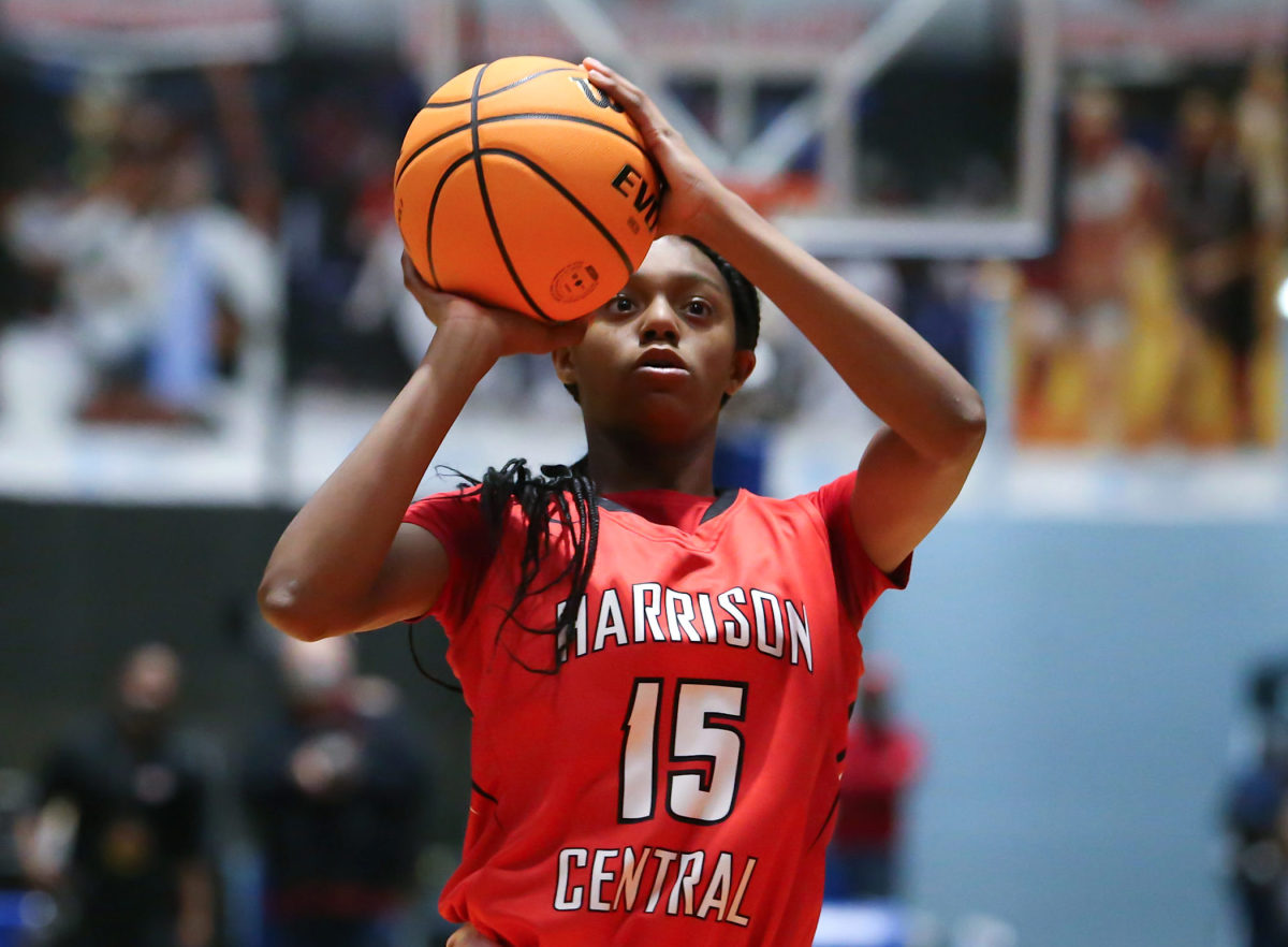 Harrison Central's Anaisha Carriere (15) puts up a shot. Germantown and Harrison Central played in an MHSAA Class 6A basketball semifinal basketball game at Mississippi Coliseum on Wednesday, March 3, 2020. Photo by Keith Warren