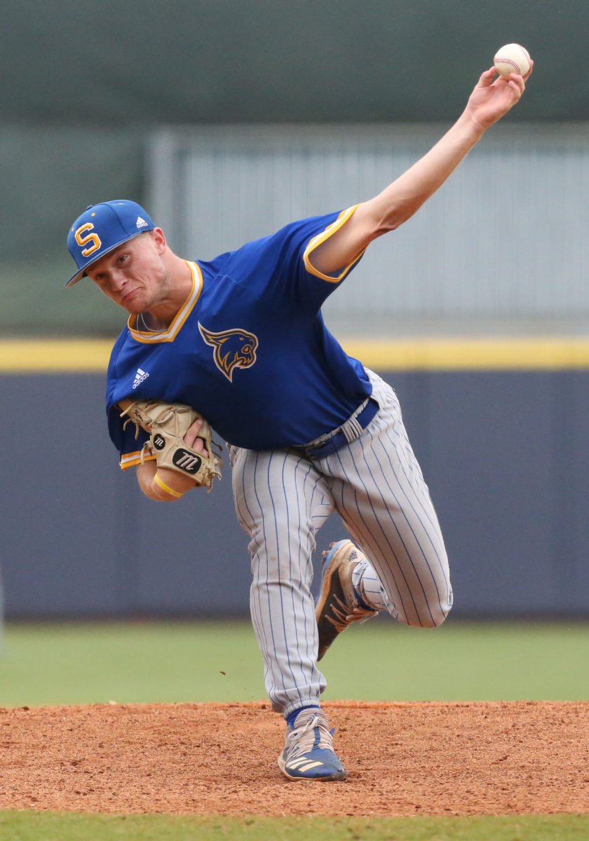 Sumrall's Kros Sivley (25) releases a pitch in the first inning. West Lauderdale and Sumrall played in game 1 of the MHSAA Class 4A Baseball Championship on Friday, June 4, 2021 at Trustmark Park. Photo by Keith Warren