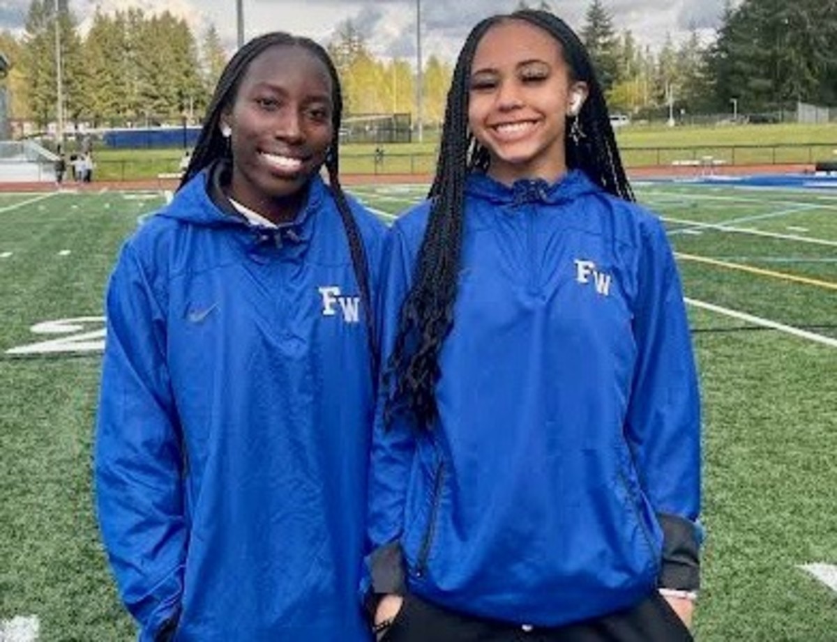 Senior Esther Akinlosotu and sophomore Cassandra Atkins of the Federal Way girls track team in spring of 2022