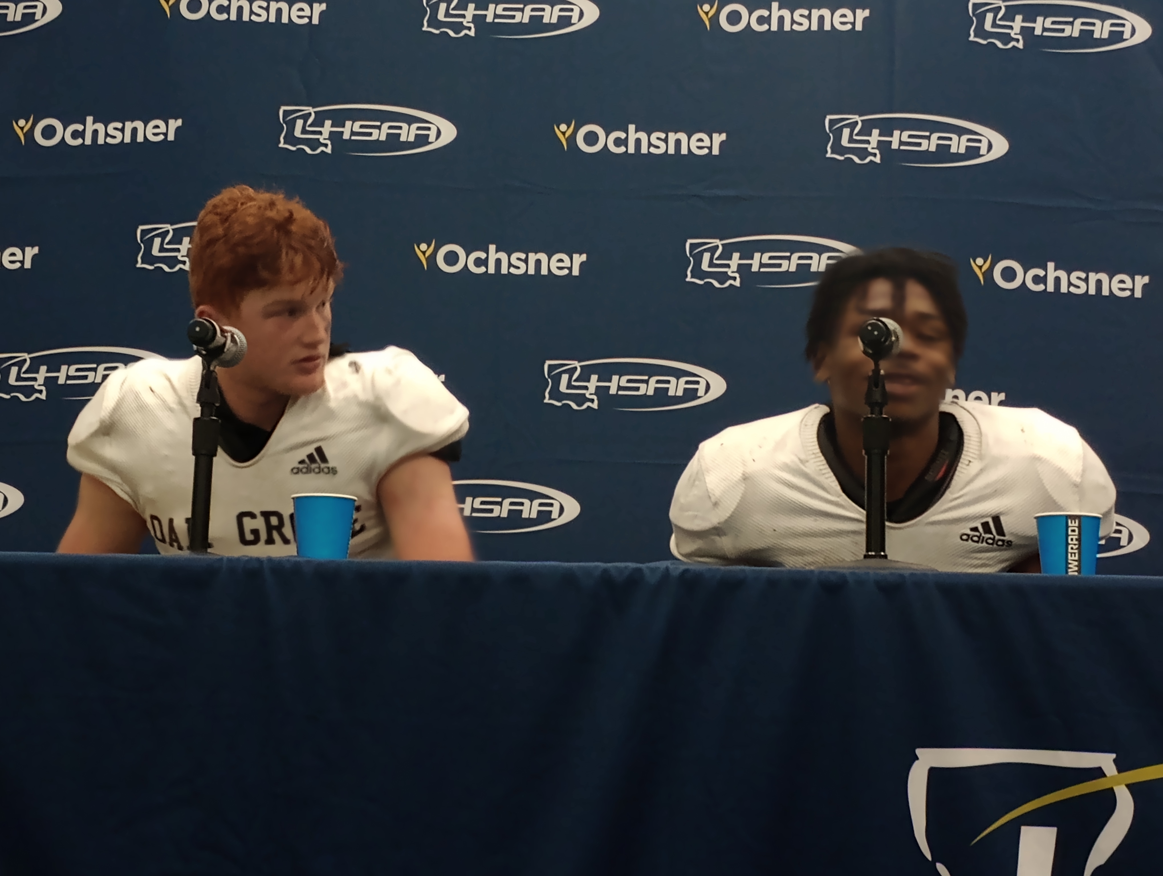 From left, Oak Grove QB Jackson Bradley and TB Decorian Freeman, who combined to rush for 237 yards while each scored a TD in the Tigers' 17-0 win against Homer for the Division IV non-select championship on Dec. 8, 2022.